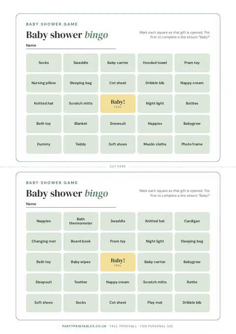 Preview of the Baby shower gift bingo printable