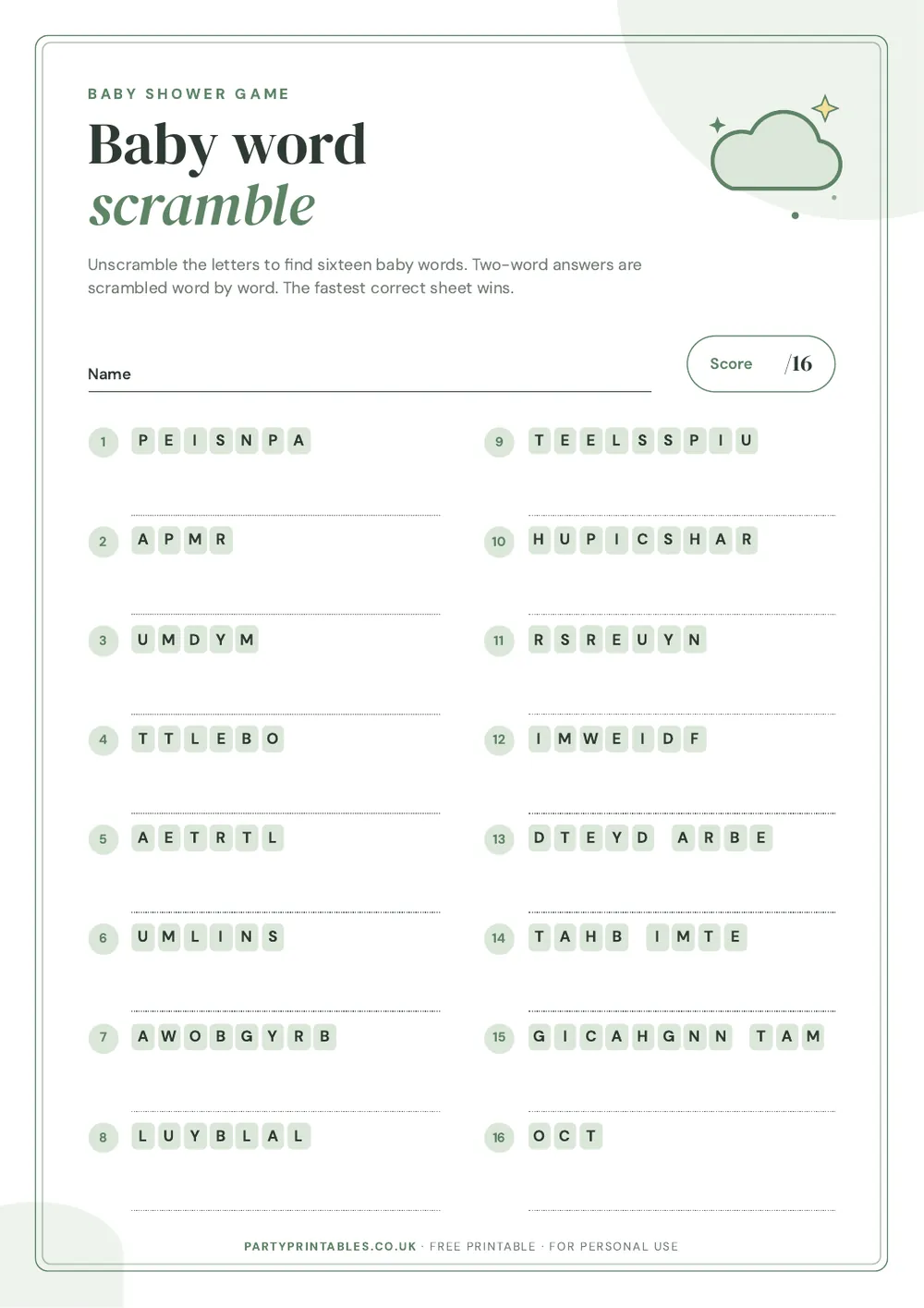 Page 1 of the Baby shower word scramble printable