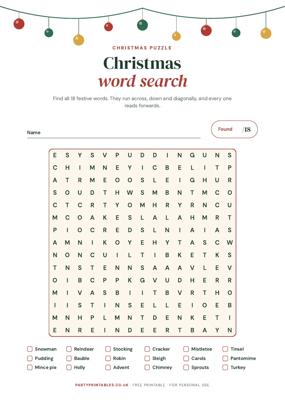 Page 1 of the Christmas word search printable