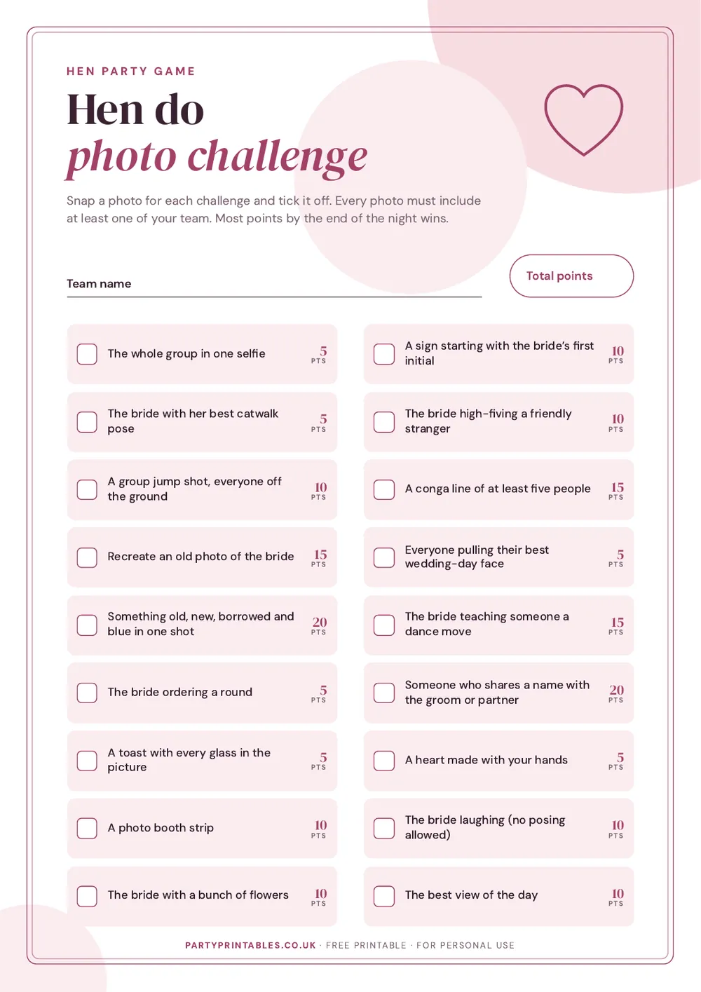 Page 1 of the Hen do photo challenge printable